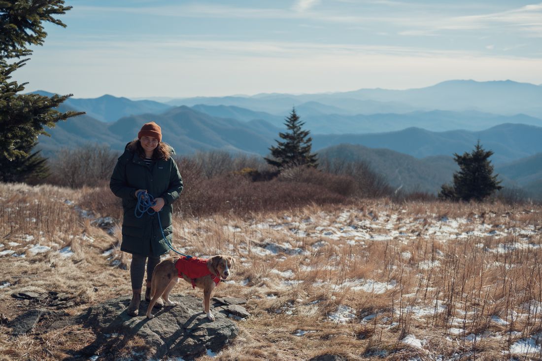 Hiking a mountain ridge with one of our rescue dogs